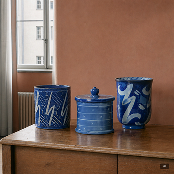 Wilhelm Kåge, two porcelain vases and an earthenware jar with cover, Gustavsberg, Sweden, 1924 and presumably 1930.