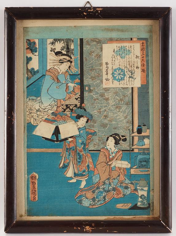 Utagawa Kunisada, four colour woodblock prints, Japan, c. 1850-60.