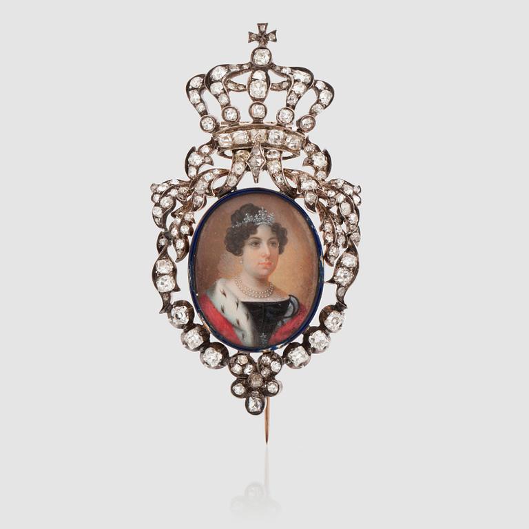A royal brooch with a painted miniature of Queen Desideria of Sweden surrounded by blue enamel and antique-cut diamonds.