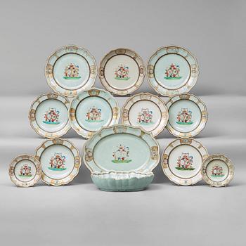 A famille rose part armorial dinner service, Qing dynasty, Qianlong (1736-95). (12 pieces).