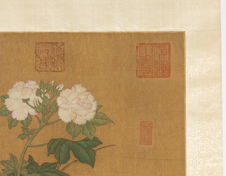 A Chinese scroll painting by unidentified master, four ducks resting by a blooming pond, 20th century.