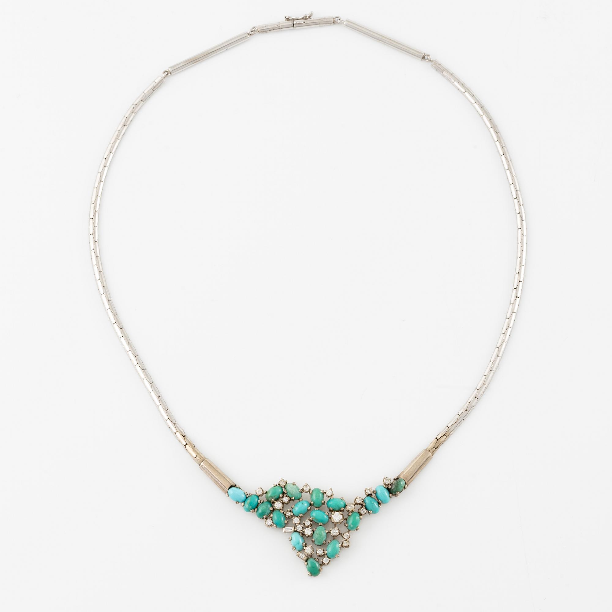 Necklace, 18K white gold with turquoises and baguette-, octagonal- and brilliant-cut diamonds.