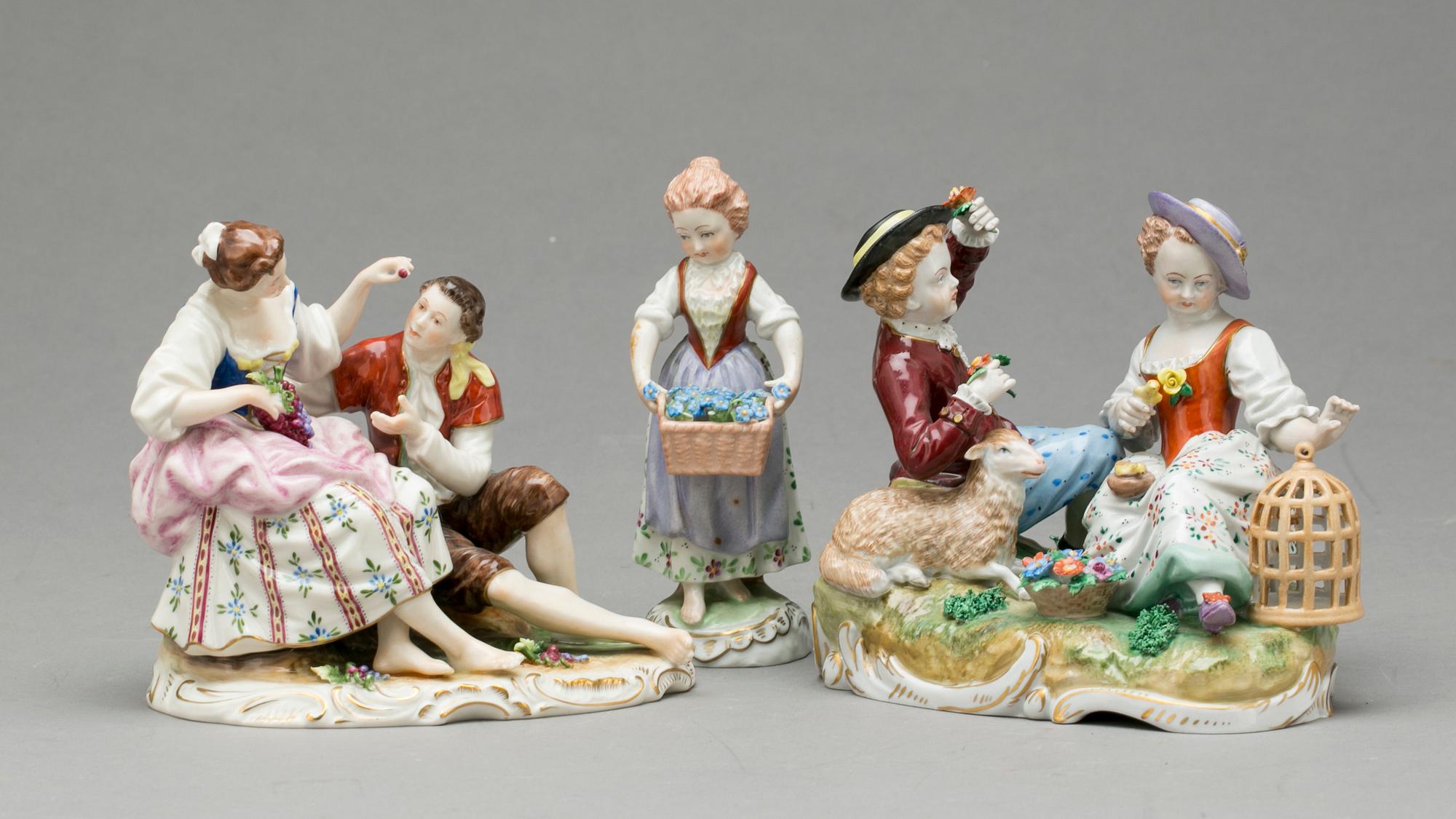 FIGURINER, 3 st, porslin, bl a Dresden, 1900-tal.