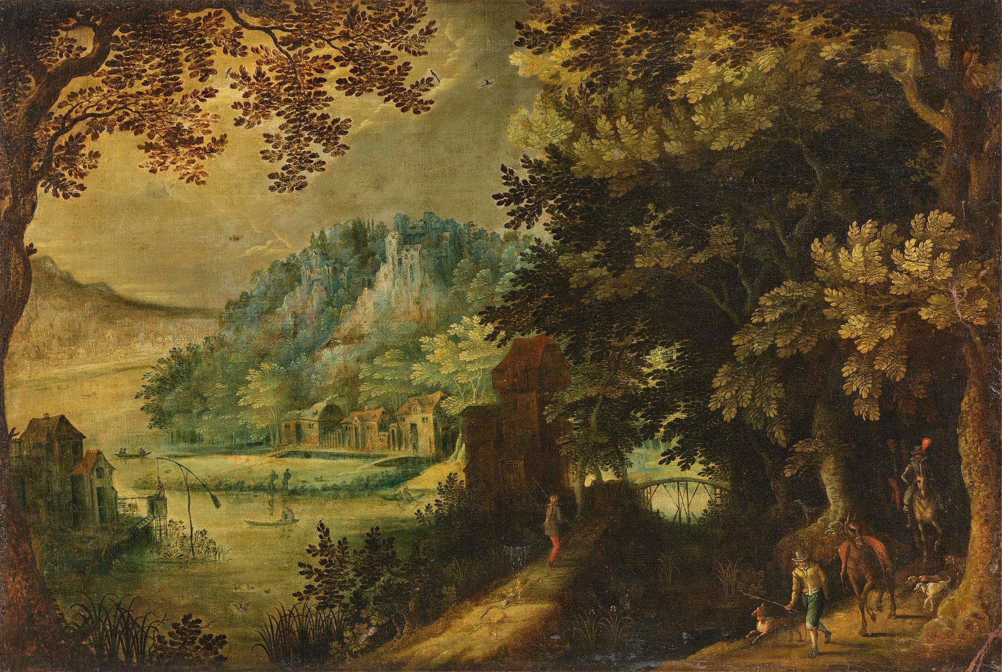 Flemish school, 16th/17th century in the manner of Anton Mirou, Landscape with figure staffage by a village.