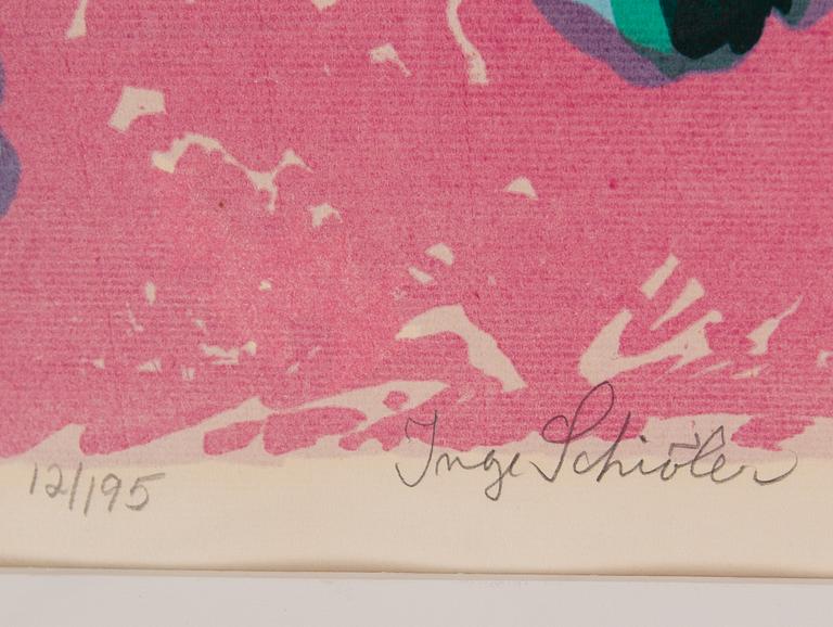Inge Schiöler, lithograph in colours, signed 12/95.