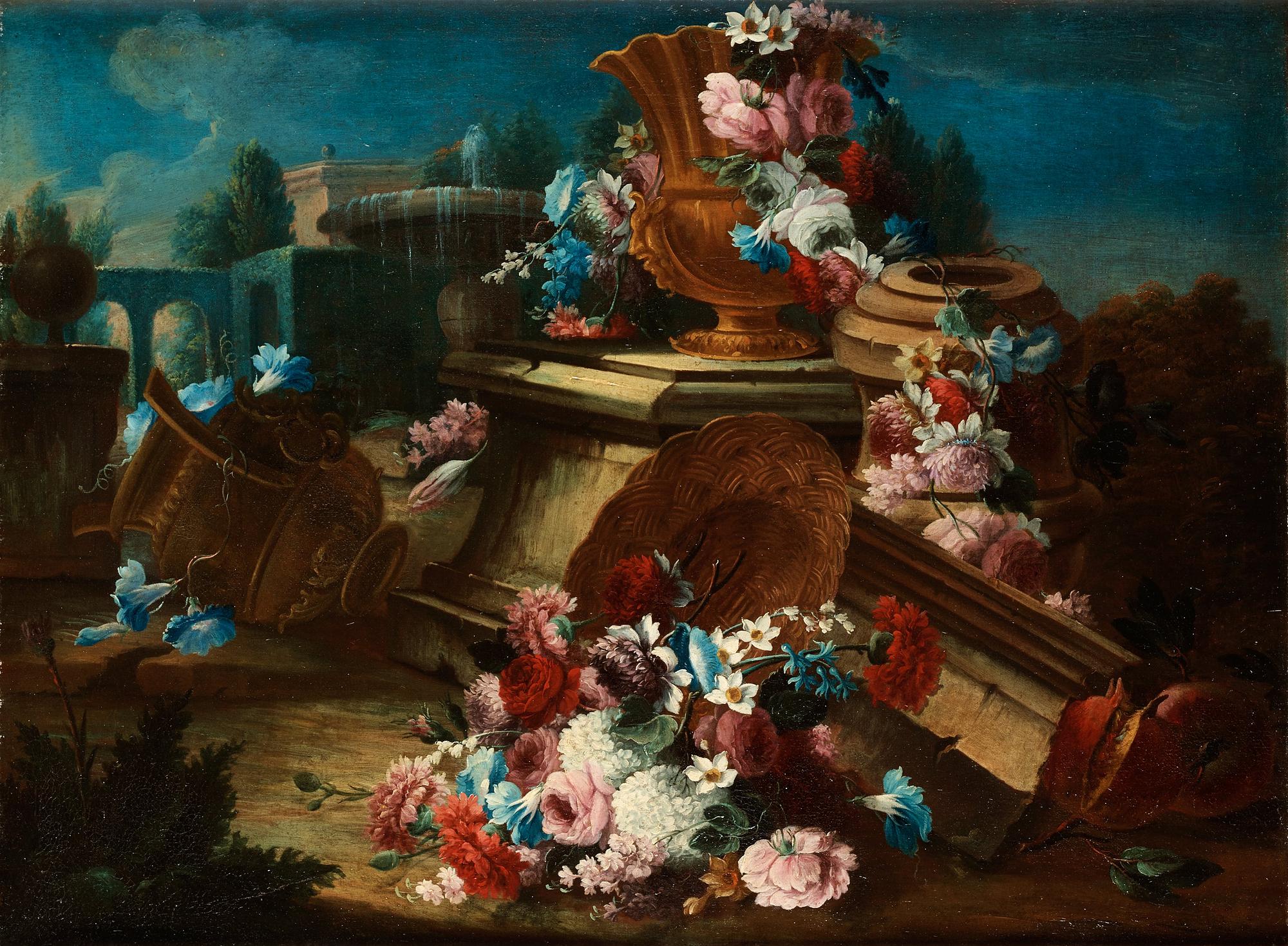 Gasparo Lopez dei Fiori Attributed to, Still Life with flowers, urns and a basket in a landscape.