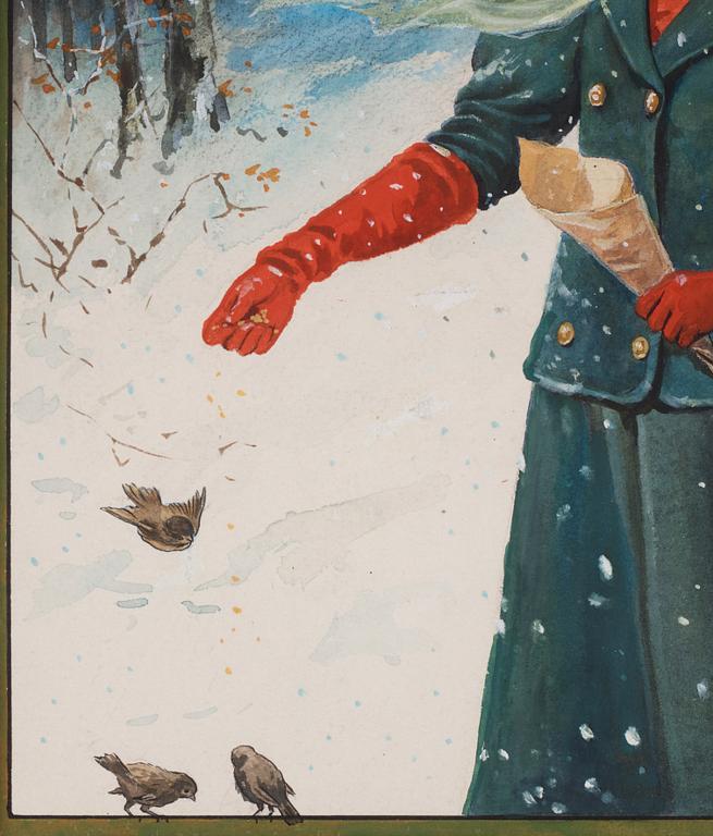 Jenny Nyström, You woman feeding birds in the snow.