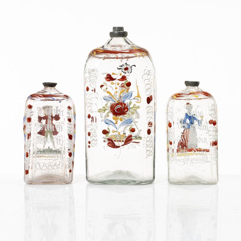 Three glass bottles, possibly Germany, 19th century.
