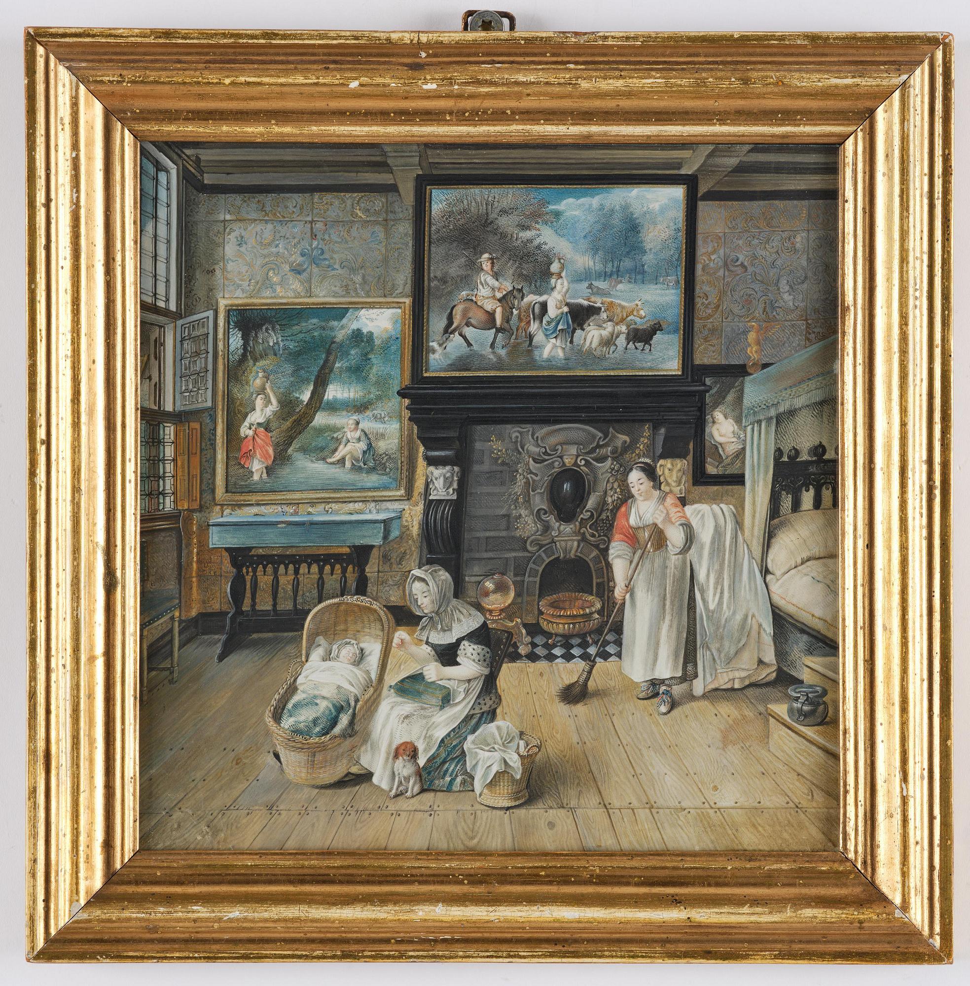 Jean Briand de Crèvecoeur, Bedchamber interior with figures, dog, and paintings by Jan Siberechts.