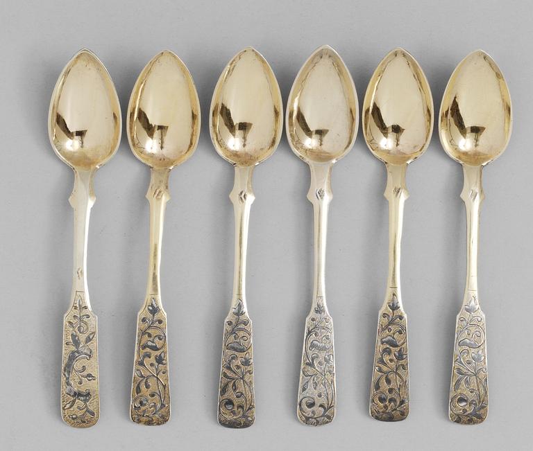 A SET OF SIX RUSSIAN SILVER-GILT TEA-SPOONS, unidentified makers mark, Moscow 1846.