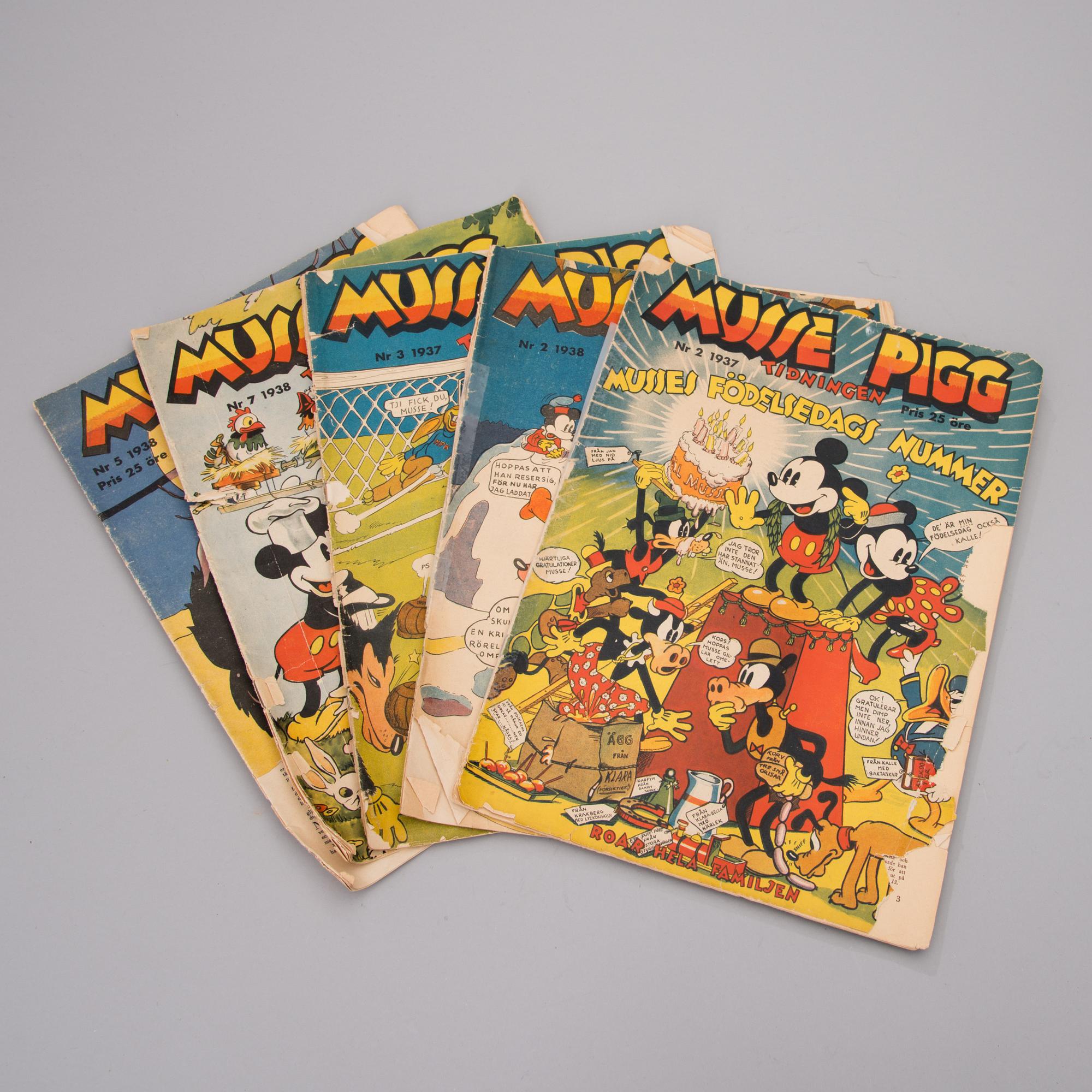 A set of five Musse Pigg comics from 1937 and 1938.