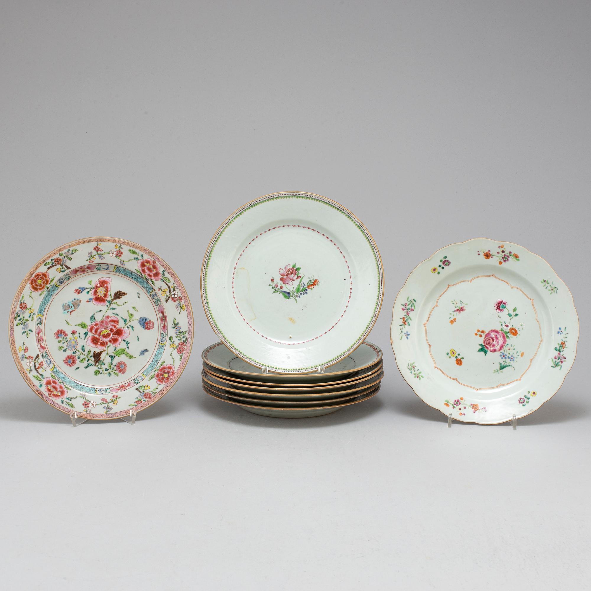 Nine famille rose export plates, Qing dynasty, Qianlong (1736-95).