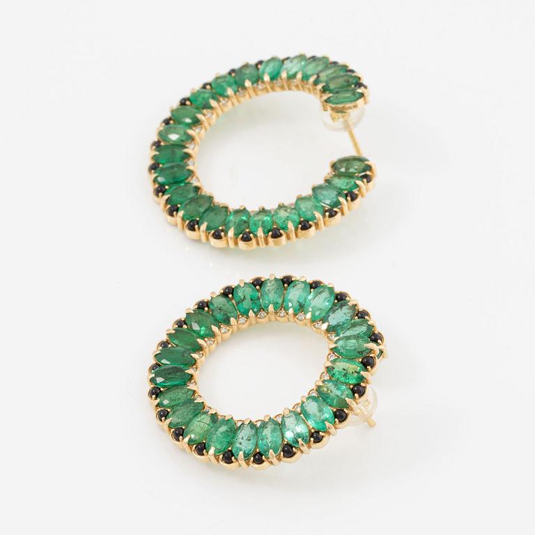 Earrings, 18K gold with emeralds, black spinels, and brilliant-cut diamonds.