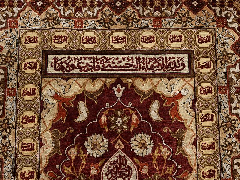 RUG. Old Silk Turkey/Egypt Souf (relief). 186 x 119,5 cm (ca one cm ivory flat weave at each end).