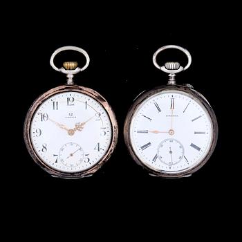 HERRFICKUR, 2 st, silver, Longines och Omega. Omkring 1800/1900.