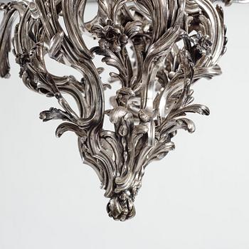 A highly important and rare Louis XV silvered brass
five-light chandelier  attributed to Pierre Boulanger, Paris c 1750.