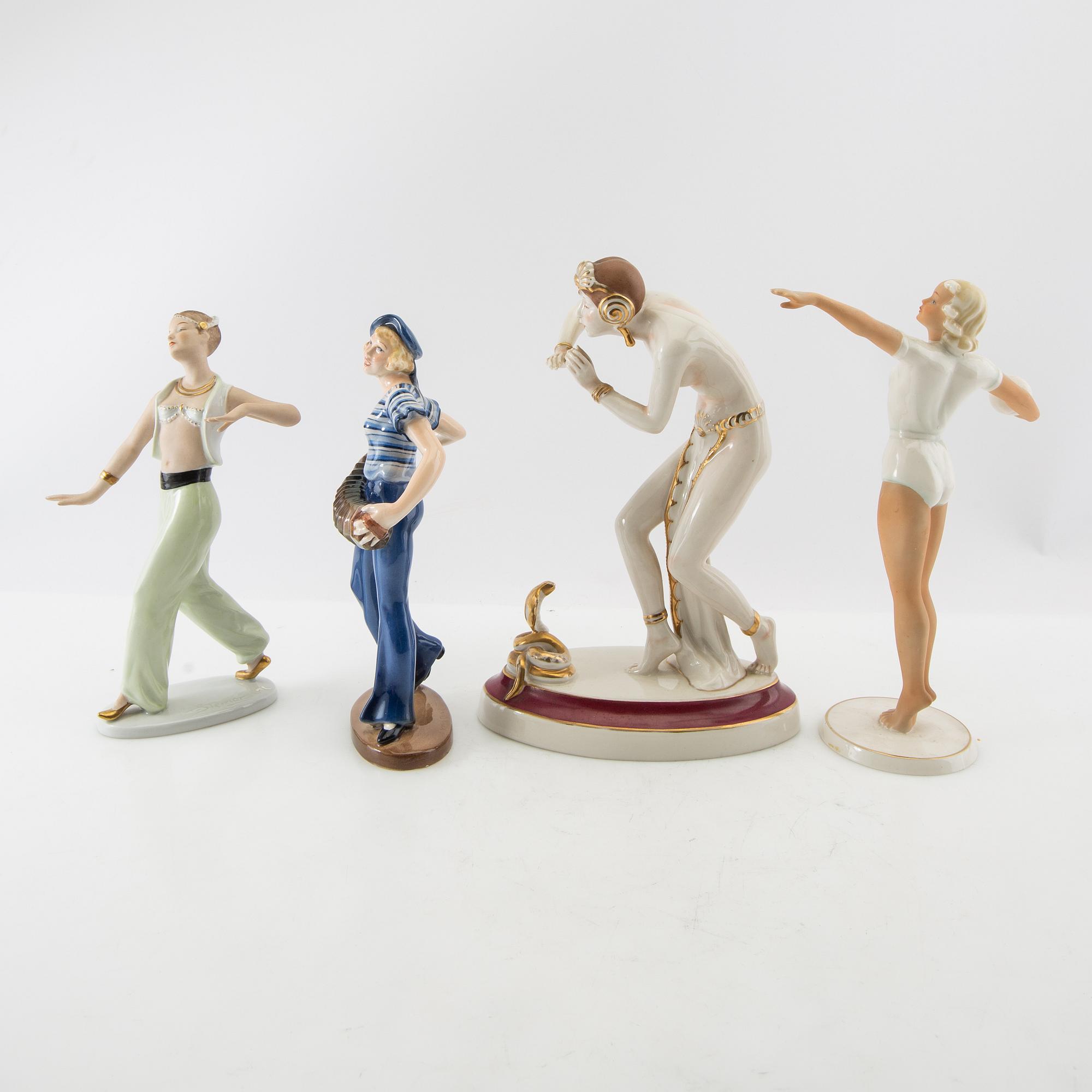 Figurines 4 pcs Royal Dux, Wallendorf and Keramos Germany mid-20th century porcelain.