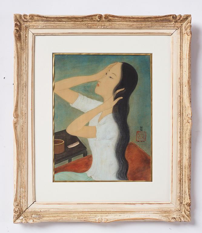 Mai Trung Thứ (1906-1980), Vietnam. Tusch och färg på siden. "La toilette", signerad.