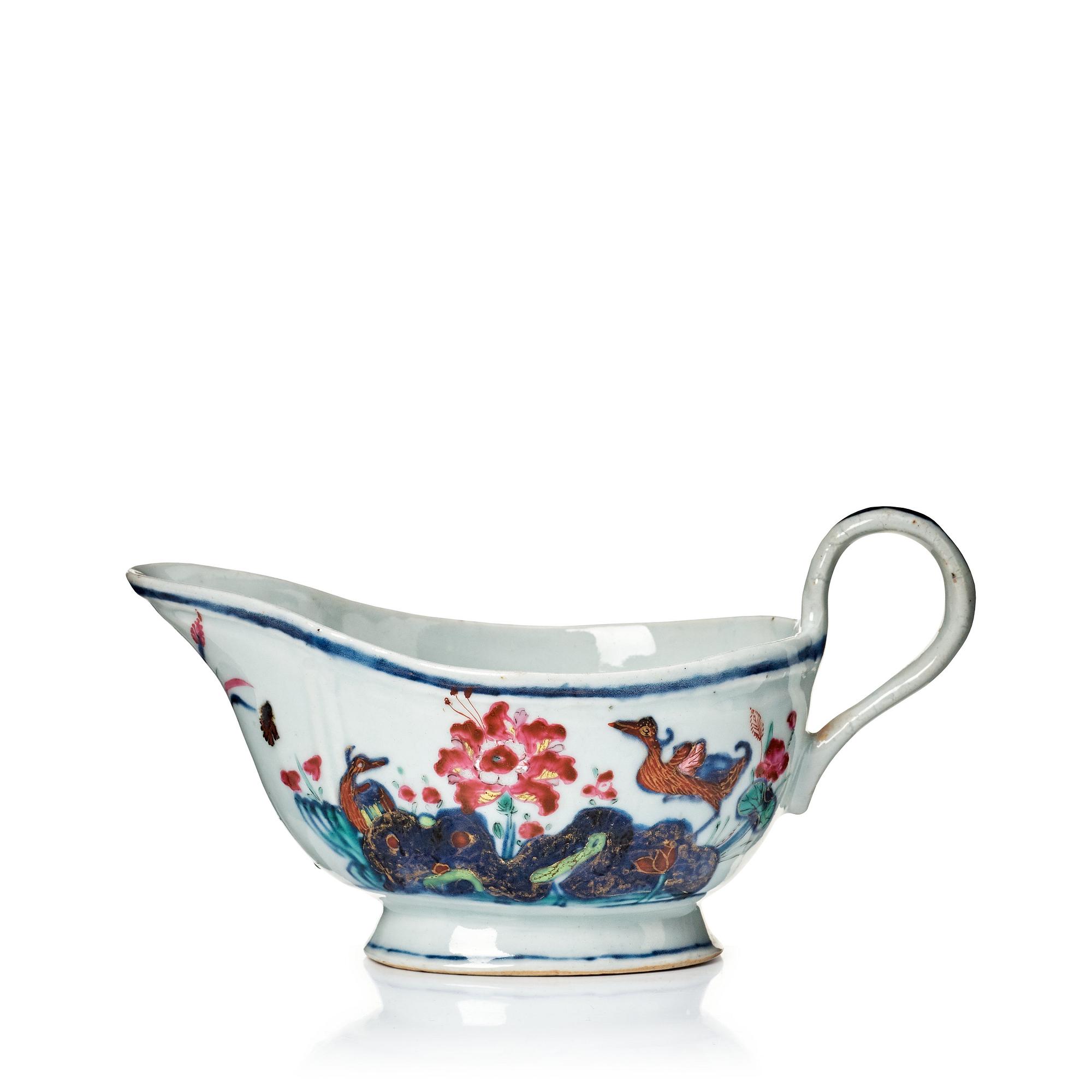 A famille rose "tobacco leaf" sauce boat, Qing dynasty, Qianlong (1736-95).
