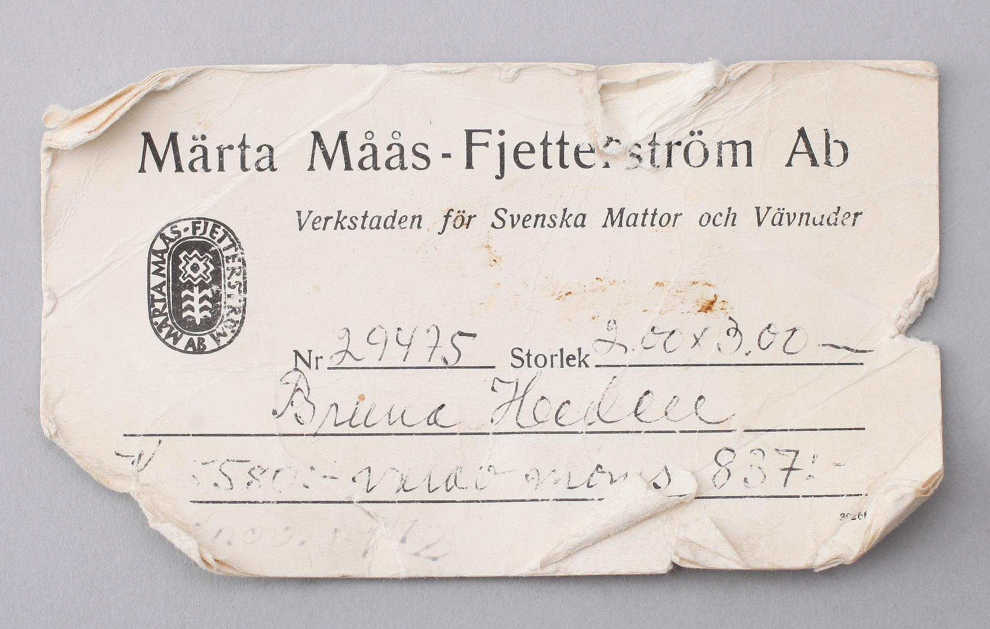 MATTA, rölakan,"Bruna Heden", Märta Måås-Fjetterström, sigenrad AB MMF. Ca 200 x 300 cm.