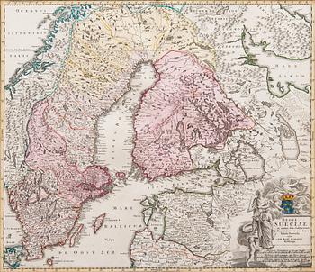 KARTA. Regni Sueciae. Johann Baptist Homann. Nürnberg ca 1720. Kolorerad.