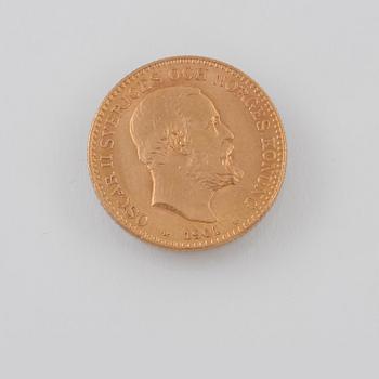 GULDMYNT, 10 kr, Oscar II, 1901. Vikt 4,5 g.