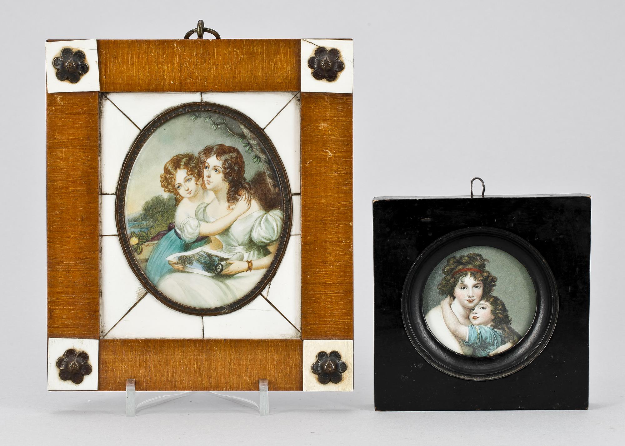 OKÄND KONSTNÄR, miniatyrer 2 st, blandteknik samt tryck, 1800/1900-tal.