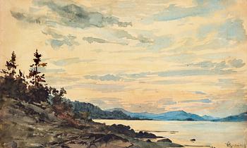 250. Hans Fredrik Gude, Fjordlandskap vid solnedgång.