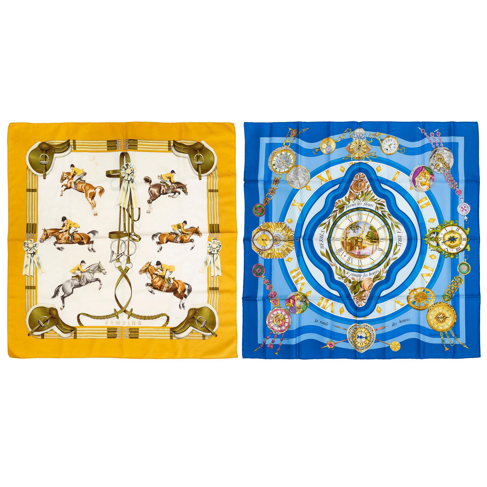 HERMÈS, scarves, 2 st, "Jumping" & "La Ronde des Heures".