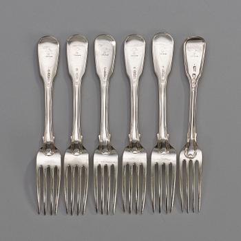 A 19th century silver set of 6+6 dessert forks, five marked Dublin 1849 and knifes, marks of Moses Brent, London 1814.