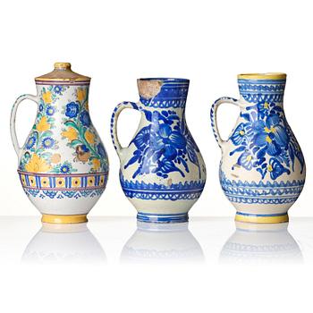 A group of seven European faiance and earthenware pitchers, partly France and Italy 19th century.