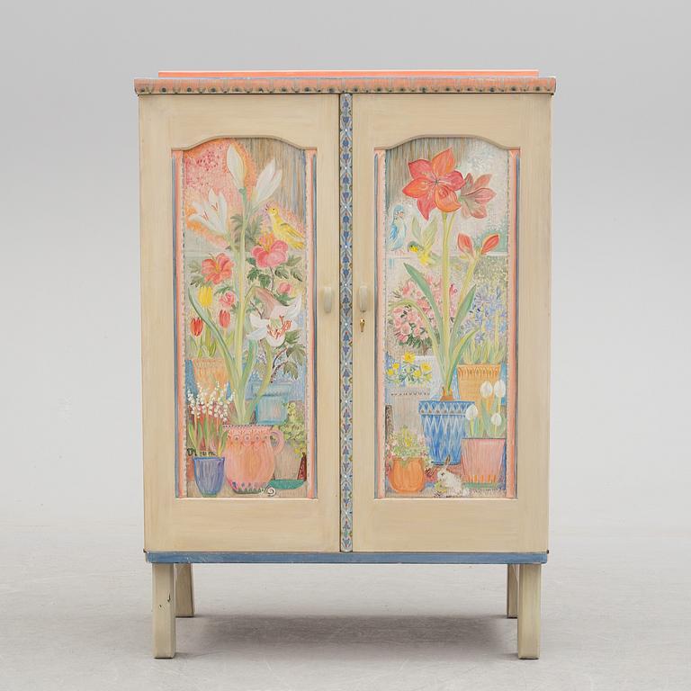 A Vidar Malmsten painted cabinet, Carl Malmsten AB, Sweden 1985, decorated by Liselotte Malmsten.