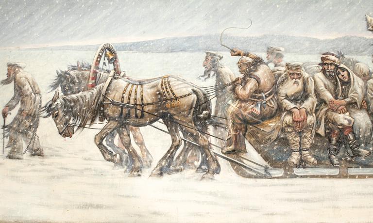 Okänd konstnär 1900-tal ,  Fångar på marsch i vinterlandskap.