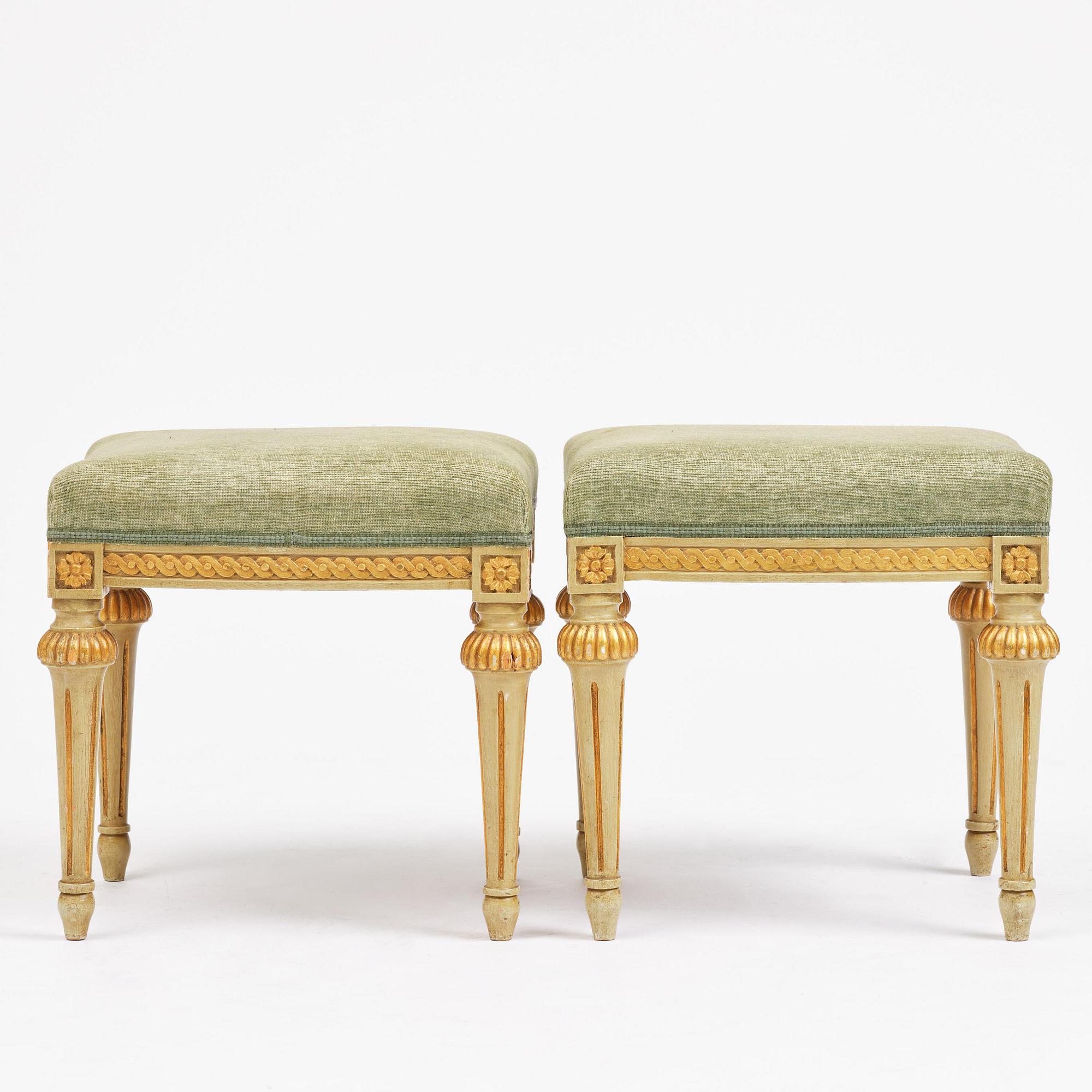 A pair of stools in the manner of Erik Öhrmark (master in Stockholm 1777–1813), Gustavian.