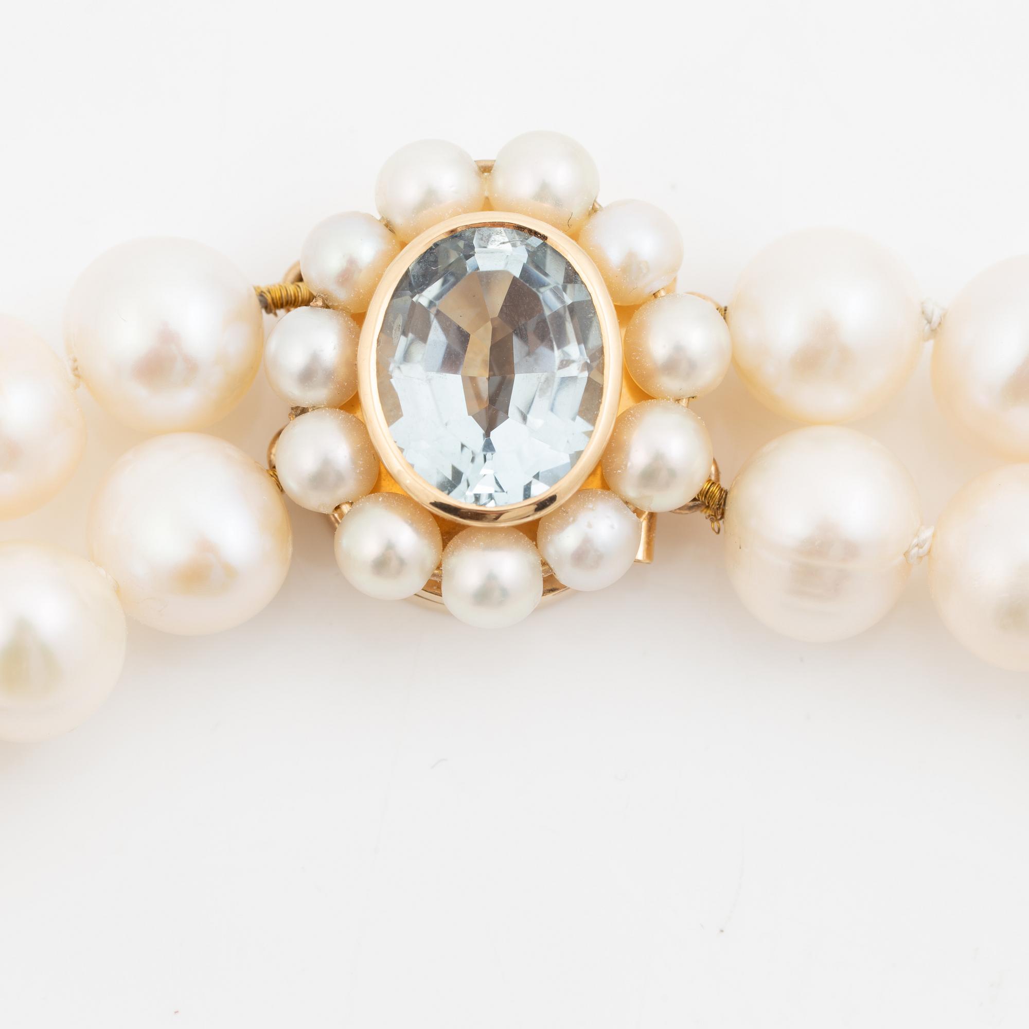Pearl necklace, double-stranded with cultured freshwater pearls, clasp 18K gold set with aquamarine and cultured pearls, Jarl Sandin.