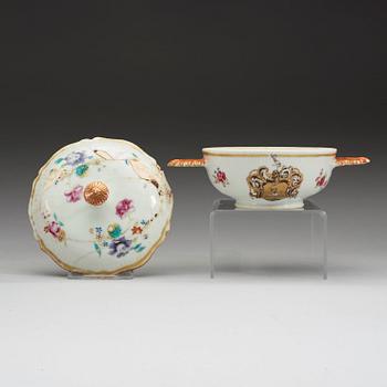 A famille rose armorial bowl with cover and a cup with the arms of Grill. Qing dynasty Qianlong (1736-95).