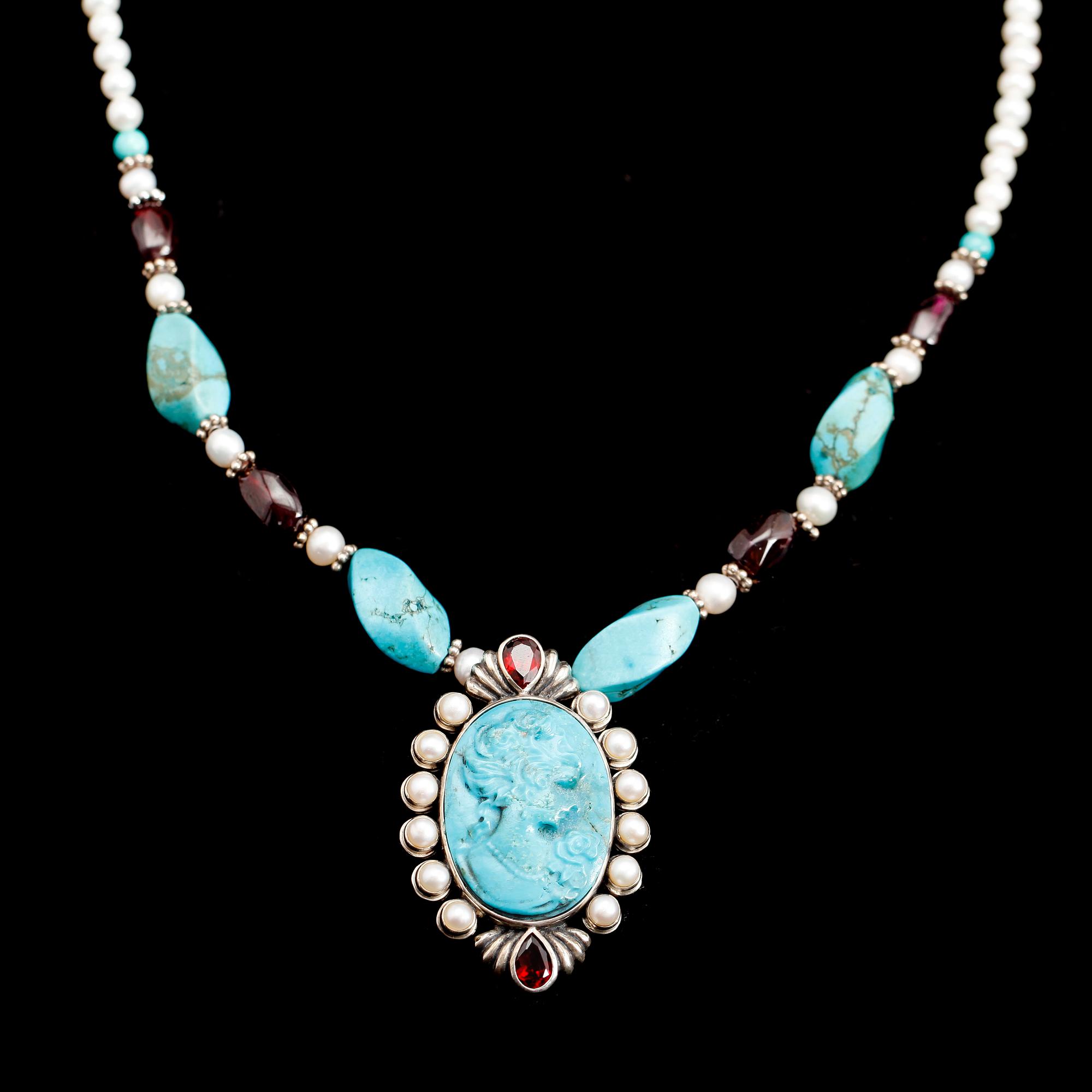 COLLIER, silver, turkos, ametister, granater, odlade sötvattenspärlor.