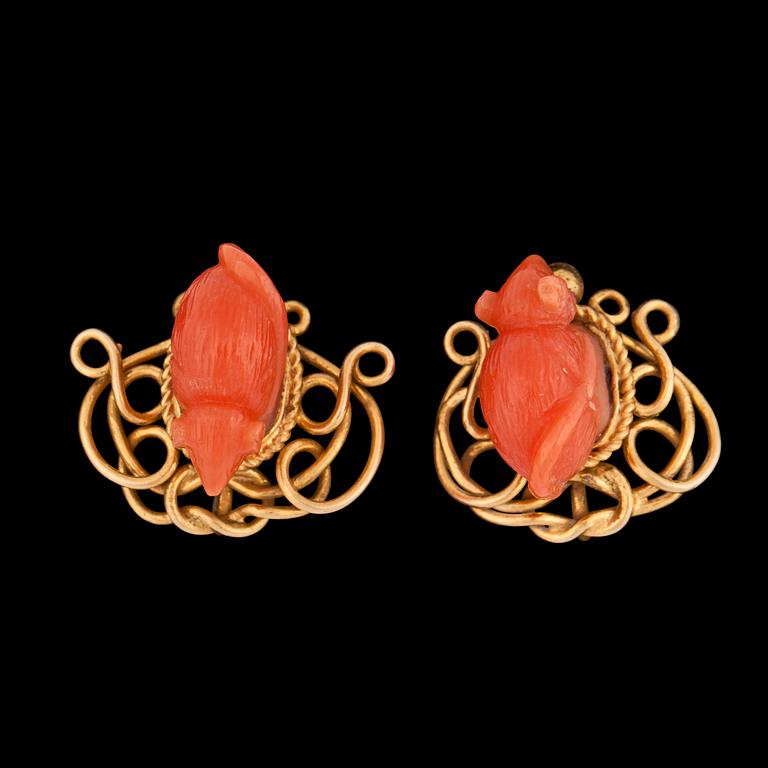 A pair of coral mice earrings, late 19th century.