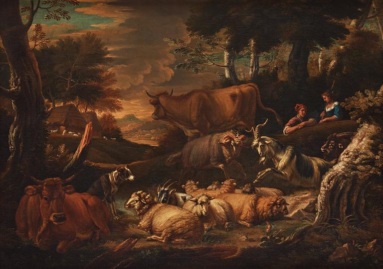 Pieter Mulier II, kallad Cavaliere Tempesta Attributed to, Pastoral landscape with shepherd, shepherdess and cattle.