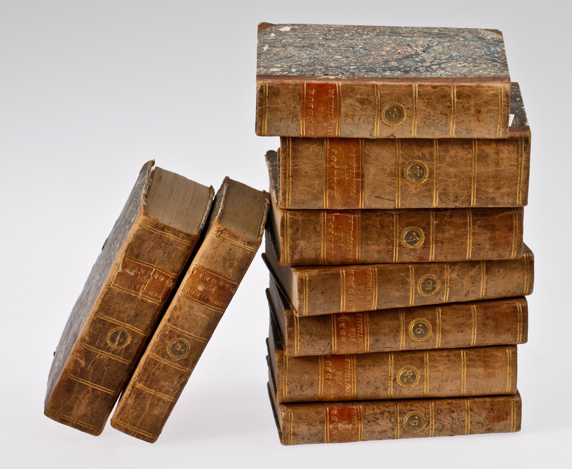 BOKVERK, vol I-X i nio band, "Historisk handbok för fruntimmer i äldre och nyare historien" översatt av JE Angelini, andra uppl Stockholm 1812-14.