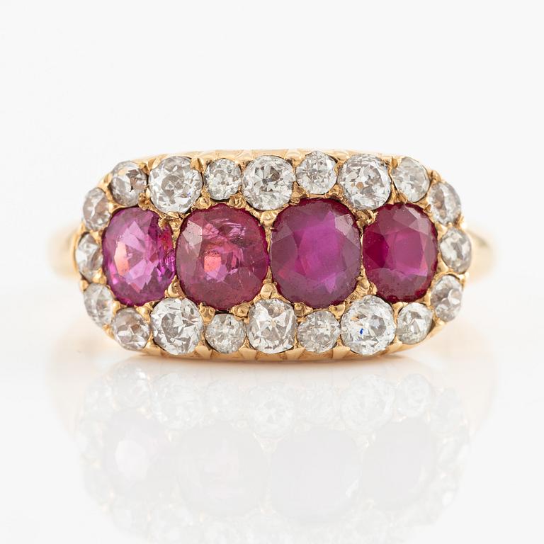 Ring, Hallbergs, 18K gold with rubies and old-cut diamonds. Early 20th century.