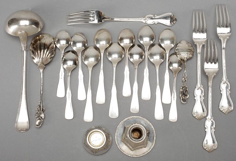 PARTI SILVER, 21 delar, bla. "Olga", GAB, Stockholm 1959. Total vikt ca 486 cm.