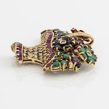 Brooch, flower basket, gold with rubies, sapphires, emeralds, and diamonds.