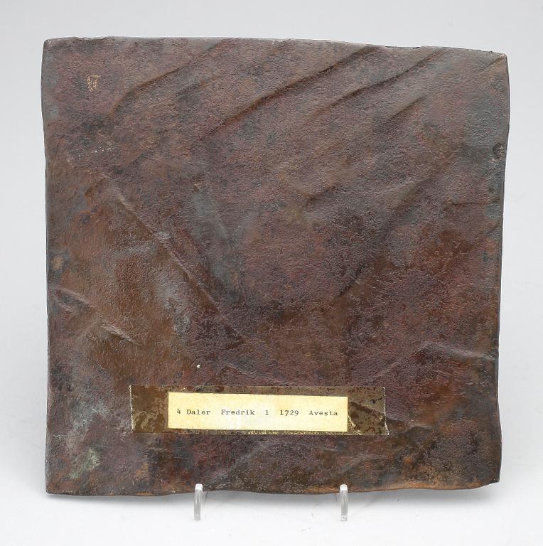 PLÅTMYNT, koppar, 4 daler, silvermynt, Fredrik I av Sverige, 1729.