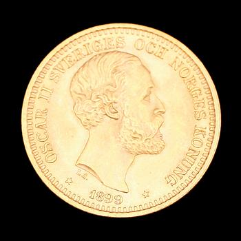 GULDMYNT, 20 kr, Oscar II, 1899. Vikt ca 9 g.