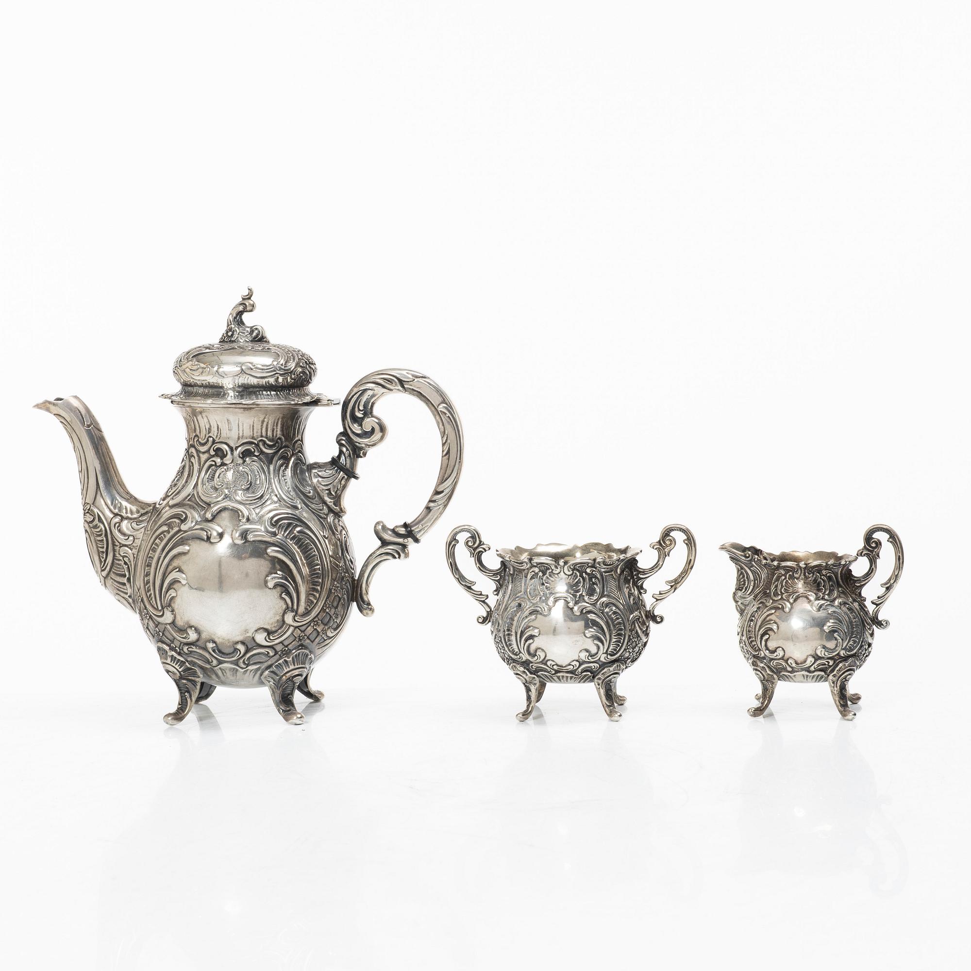 A three-piece rococo-style silver coffee service, GEWE, Malmö, 1955.