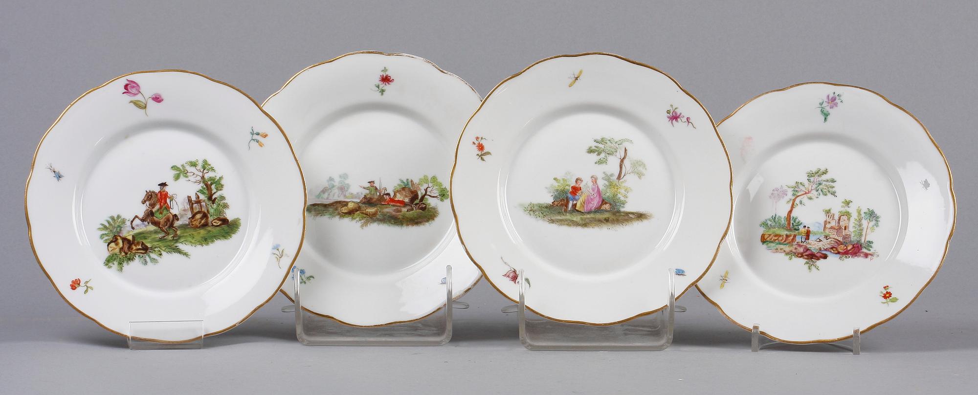 ASSIETTER, 4 st, porslin, rokokostil, Tifenfurt, Tyskland, sent 1800-tal.