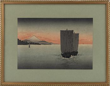 Shoda Koho, three colour woodblock prints, Japan, 20th century.