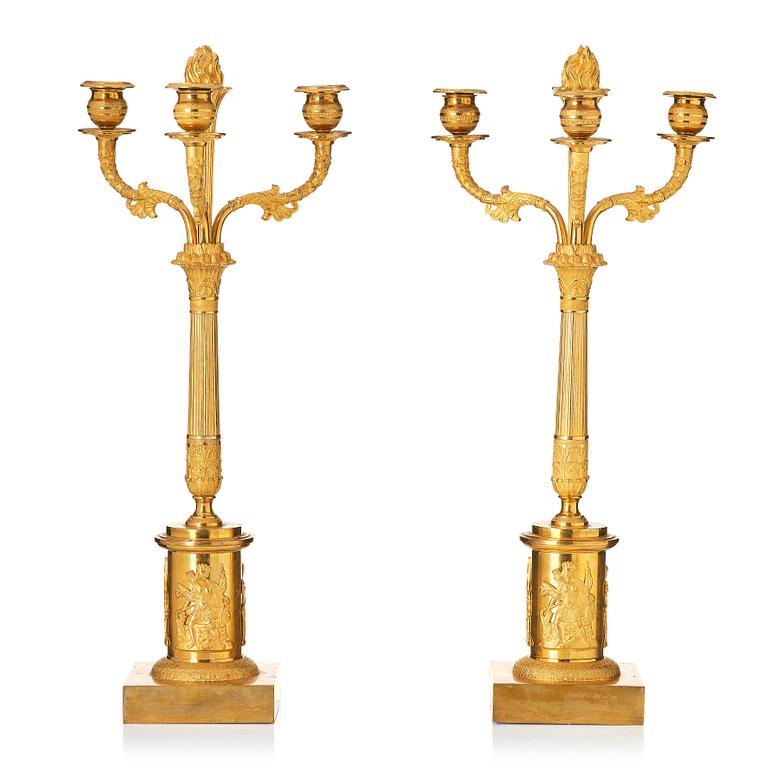 A pair of Empire ormolu three-light candelabra, Stockholm, early 19th century.