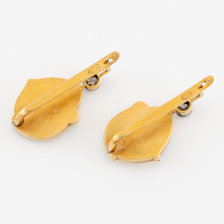 A pair of earrings 14K gold with green enamel and old-cut diamonds, St. Petersburg Russia, 1899-1908.